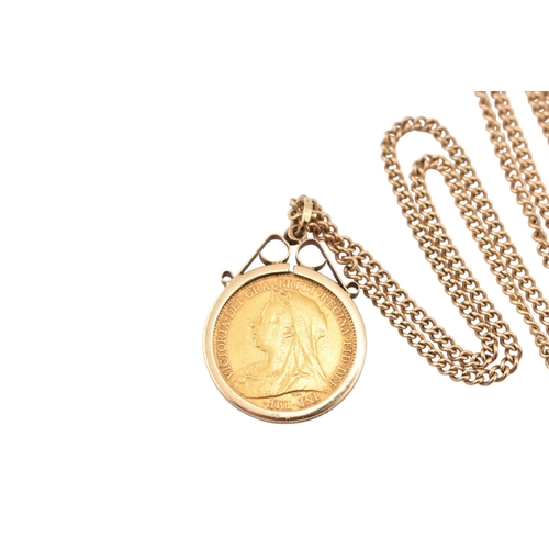 204 - An 1899 Victoria half sovereign pendant necklace. The sovereign in a hallmarked 9ct gold mount in 9c... 