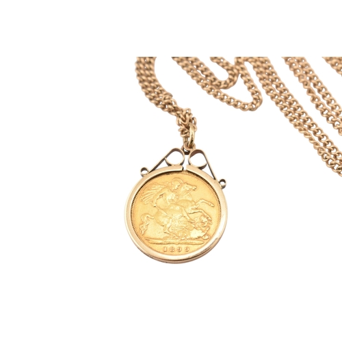 204 - An 1899 Victoria half sovereign pendant necklace. The sovereign in a hallmarked 9ct gold mount in 9c... 