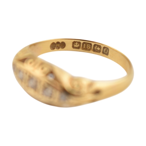 208 - An early 20th century hallmarked 18ct gold & diamond five stone boat ring. The ring set with fiv... 