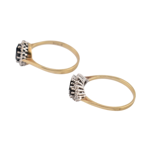 209 - Two 9ct gold sapphire and diamond cluster rings. Weight 5.2g. Both size T.