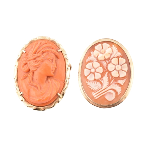 211 - A 14ct gold and carved coral cameo pendant brooch. Together with a 9ct gold carved shell floral came... 
