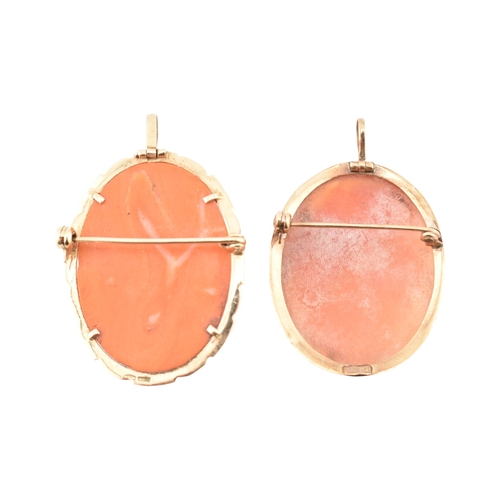 211 - A 14ct gold and carved coral cameo pendant brooch. Together with a 9ct gold carved shell floral came... 