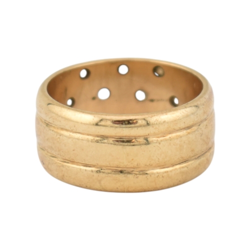 214 - A hallmarked 9ct gold and diamond wide ribbed band ring. Weight 8.7g. Size Q. One diamond deficient.... 