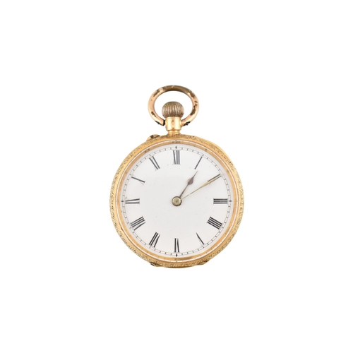 215 - An 18ct gold Swiss open face pocket watch. The watch having a white dial with Roman numeral hour mar... 