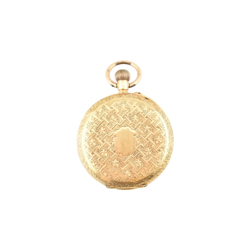 215 - An 18ct gold Swiss open face pocket watch. The watch having a white dial with Roman numeral hour mar... 