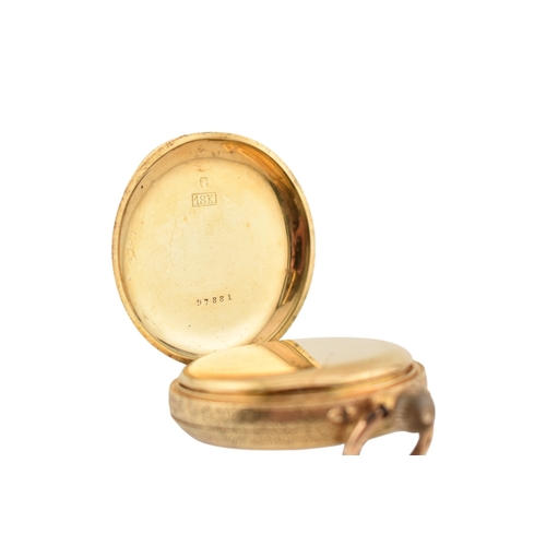 215 - An 18ct gold Swiss open face pocket watch. The watch having a white dial with Roman numeral hour mar... 