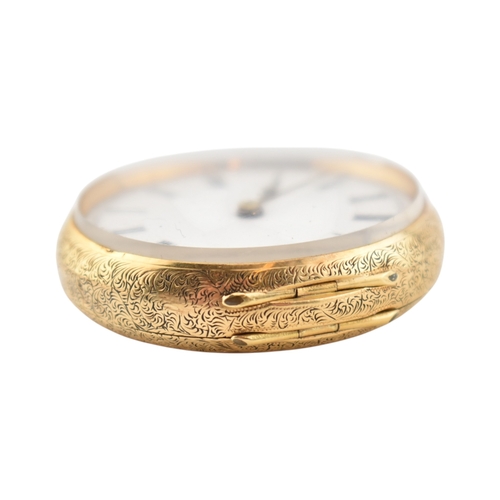 215 - An 18ct gold Swiss open face pocket watch. The watch having a white dial with Roman numeral hour mar... 