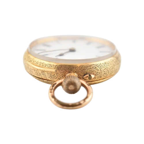 215 - An 18ct gold Swiss open face pocket watch. The watch having a white dial with Roman numeral hour mar... 