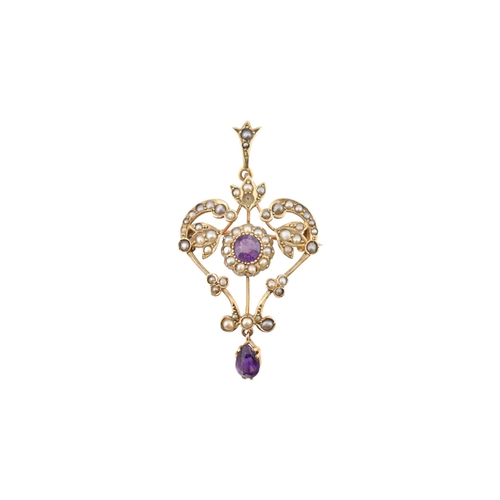 226 - Art Nouveau early 20th century amethyst and pearl pendant brooch. Stamped 9ct. weight 4.7g. Measures... 