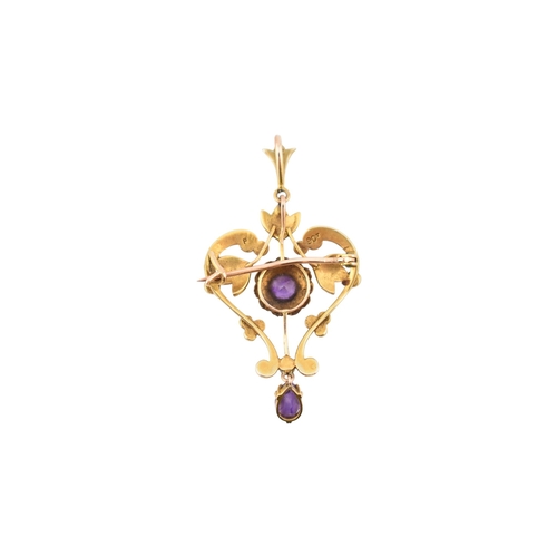 226 - Art Nouveau early 20th century amethyst and pearl pendant brooch. Stamped 9ct. weight 4.7g. Measures... 