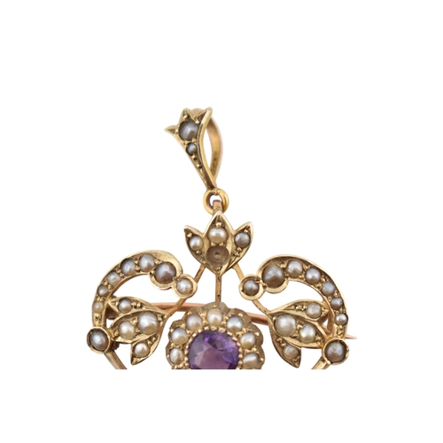 226 - Art Nouveau early 20th century amethyst and pearl pendant brooch. Stamped 9ct. weight 4.7g. Measures... 