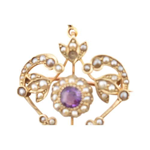 226 - Art Nouveau early 20th century amethyst and pearl pendant brooch. Stamped 9ct. weight 4.7g. Measures... 