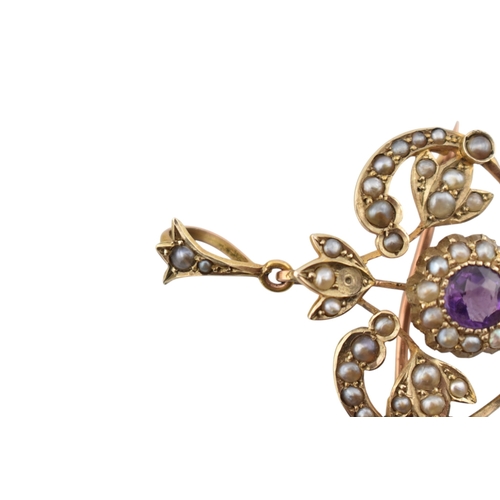 226 - Art Nouveau early 20th century amethyst and pearl pendant brooch. Stamped 9ct. weight 4.7g. Measures... 