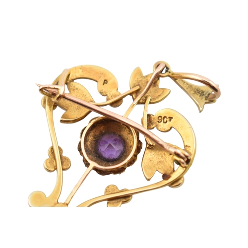 226 - Art Nouveau early 20th century amethyst and pearl pendant brooch. Stamped 9ct. weight 4.7g. Measures... 