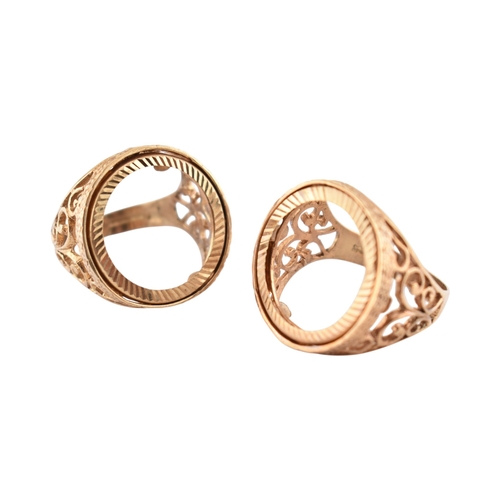 231 - Two hallmarked 9ct gold sovereign rings - mounts. The rings with mounts ( lacking coins ) over pierc... 