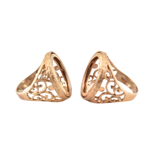 231 - Two hallmarked 9ct gold sovereign rings - mounts. The rings with mounts ( lacking coins ) over pierc... 