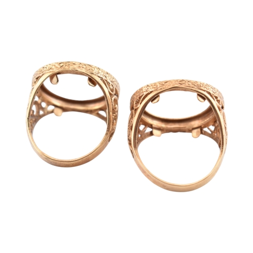 231 - Two hallmarked 9ct gold sovereign rings - mounts. The rings with mounts ( lacking coins ) over pierc... 
