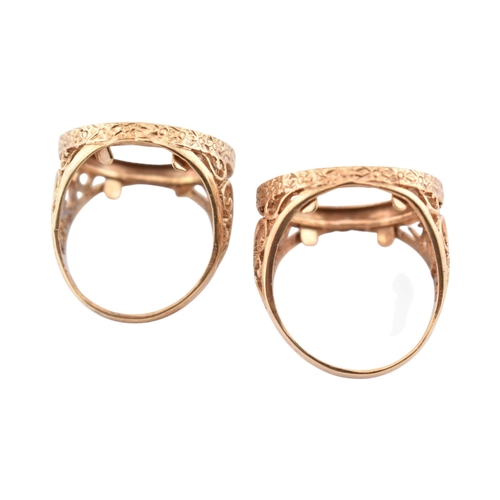 231 - Two hallmarked 9ct gold sovereign rings - mounts. The rings with mounts ( lacking coins ) over pierc... 