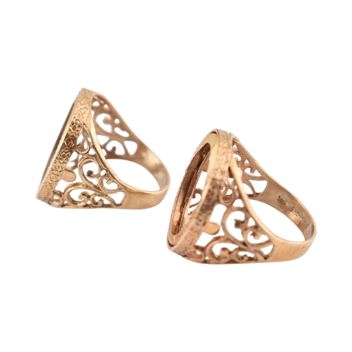 231 - Two hallmarked 9ct gold sovereign rings - mounts. The rings with mounts ( lacking coins ) over pierc... 