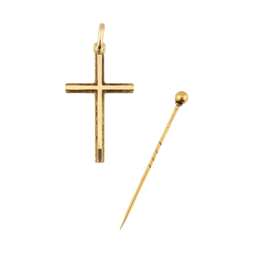 232 - A 9ct gold pin & a gold cross pendant. Total weight 3.5g. Cross measures approx 4cm with bale.... 