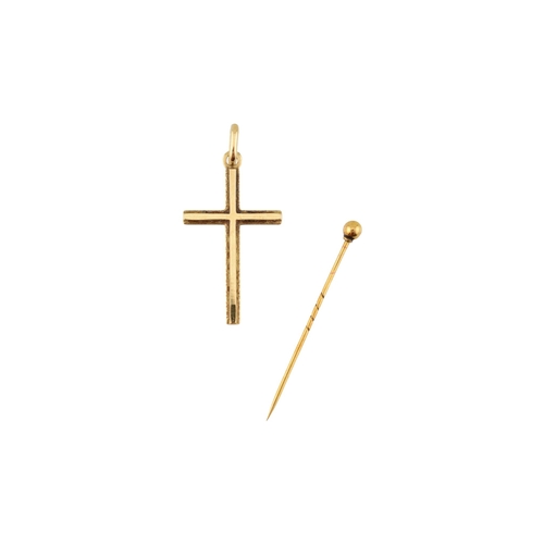 232 - A 9ct gold pin & a gold cross pendant. Total weight 3.5g. Cross measures approx 4cm with bale.... 