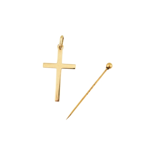 232 - A 9ct gold pin & a gold cross pendant. Total weight 3.5g. Cross measures approx 4cm with bale.... 