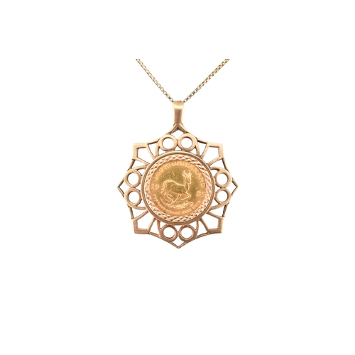 304 - A 1/10 gold Krugerrand pendant necklace. The 1/10 Krugerrand in a 9ct gold pendant mount strung upon... 