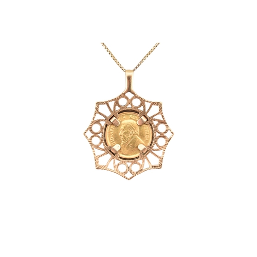 304 - A 1/10 gold Krugerrand pendant necklace. The 1/10 Krugerrand in a 9ct gold pendant mount strung upon... 