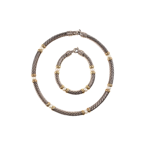 309 - A David Yurman Hampton silver and 14ct gold and pearl necklace and earring suite. Signed 925 585 D.Y... 