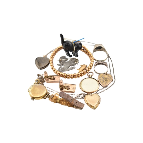 319 - A collection of jewellery and a wristwatch. To include a gold bead bracelet with simulated pearls an... 