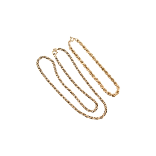 324 - A hallmarked 9ct gold rope twist necklace & a rope twist bracelet. The necklace with bi-colour d... 