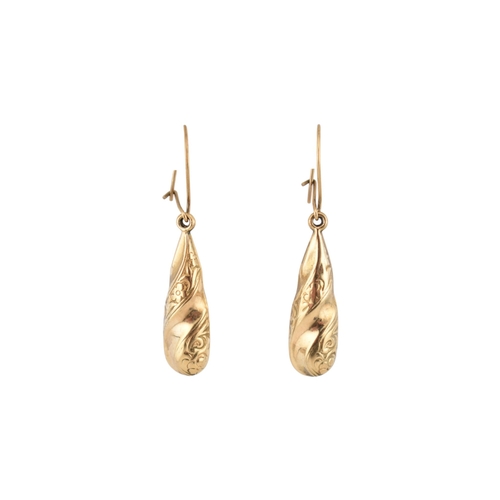 329 - Three pairs of yellow metal pendant earrings. Unmarked, tests indicate 9ct gold. Weight 3.5g.