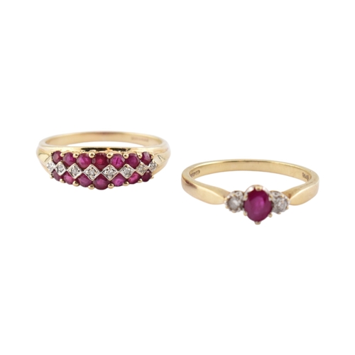 332 - Two hallmarked 9ct gold ruby and diamond rings. Weight 5.6g. Both size T
