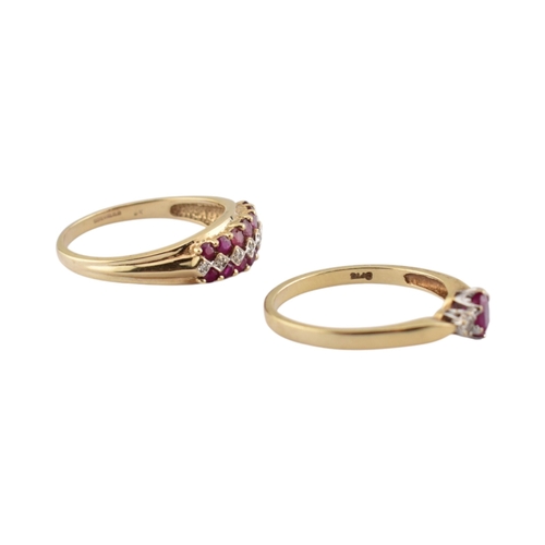 332 - Two hallmarked 9ct gold ruby and diamond rings. Weight 5.6g. Both size T