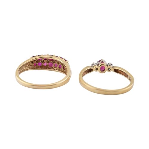 332 - Two hallmarked 9ct gold ruby and diamond rings. Weight 5.6g. Both size T