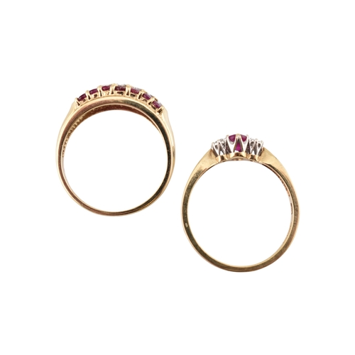 332 - Two hallmarked 9ct gold ruby and diamond rings. Weight 5.6g. Both size T