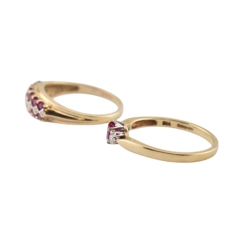 332 - Two hallmarked 9ct gold ruby and diamond rings. Weight 5.6g. Both size T