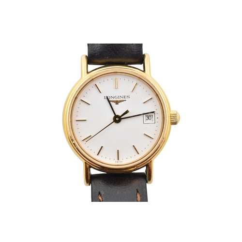 334 - LONGINES - A circa 1993 gold plated stainless steel quartz calendar wristwatch. Caseback with ref. L... 