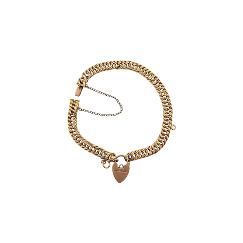 335 - A 15ct gold fancy link bracelet adorned with a 9ct gold hallmarked heart padlock. Stamped 15ct to br... 