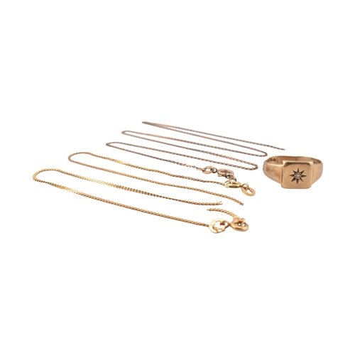 336 - A hallmarked 9ct gold diamond set signet ring (af) Together with hallmarked 9ct gold chains (af) Tot... 