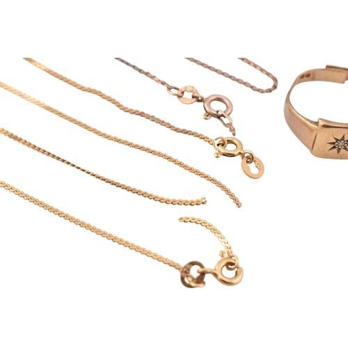 336 - A hallmarked 9ct gold diamond set signet ring (af) Together with hallmarked 9ct gold chains (af) Tot... 