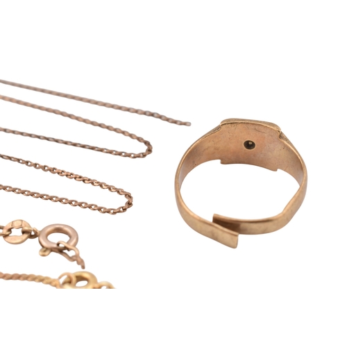 336 - A hallmarked 9ct gold diamond set signet ring (af) Together with hallmarked 9ct gold chains (af) Tot... 