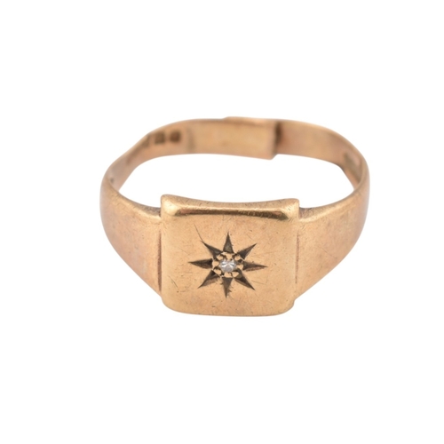 336 - A hallmarked 9ct gold diamond set signet ring (af) Together with hallmarked 9ct gold chains (af) Tot... 