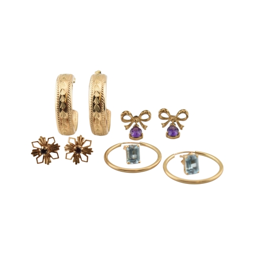 338 - A collection of 9ct gold and gem set earrings. The earrings to include hoops, amethyst, bow pendant ... 
