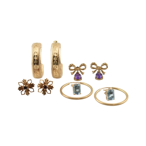 338 - A collection of 9ct gold and gem set earrings. The earrings to include hoops, amethyst, bow pendant ... 