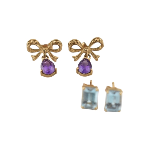 338 - A collection of 9ct gold and gem set earrings. The earrings to include hoops, amethyst, bow pendant ... 