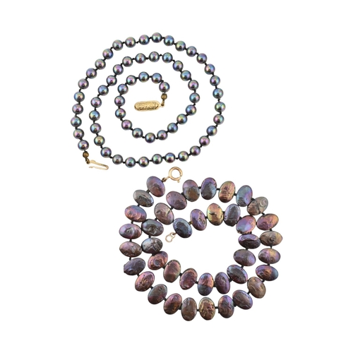 345 - A 9ct gold and baroque pearl necklace. Weight 25g. Measures 42cm. Together with a simulated black pe... 