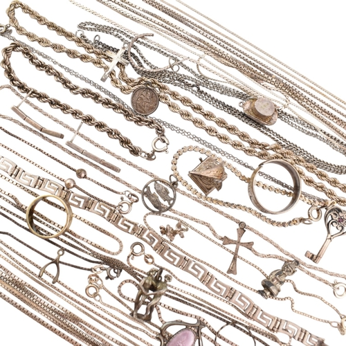 348 - A collection of 925 silver and white metal chain necklaces and bracelet. To include bracelet with Gr... 