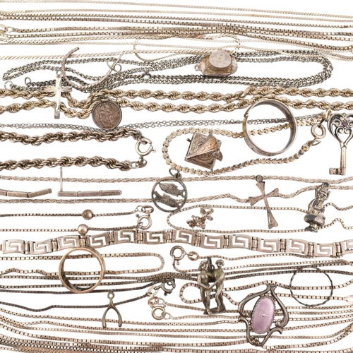 348 - A collection of 925 silver and white metal chain necklaces and bracelet. To include bracelet with Gr... 