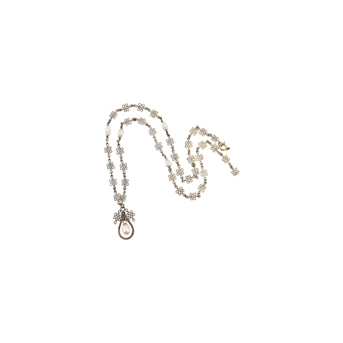 350 - A yellow metal and pearl pendant fancy knot link necklace. AF. Weight 4.8g. Measures 45cm
